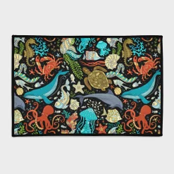 Colorful Marine Life Pattern with Octopus Whale and Turtle Rug