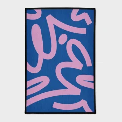 Pink Abstract Curves on Blue Rug