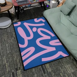 Pink Abstract Curves on Blue Rug Pink Abstract Curves on Blue Background rug 4