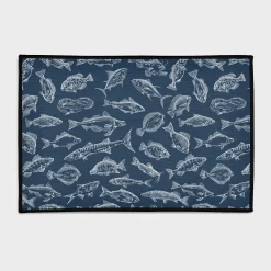 White Line-Drawn Fish Navy Rug