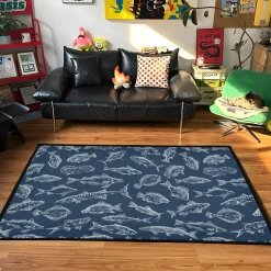 White Line-Drawn Fish Navy Rug White Line Drawn Fish Pattern on Navy Background rug 2