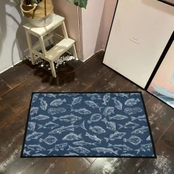 White Line-Drawn Fish Navy Rug White Line Drawn Fish Pattern on Navy Background rug 3