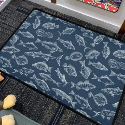 White Line-Drawn Fish Navy Rug White Line Drawn Fish Pattern on Navy Background rug 4