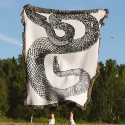 Black And White Engraving Of A Rattlesnake Woven Tapestry Black and White Engraving of a Rattlesnake woven tapestry throw blanket 4