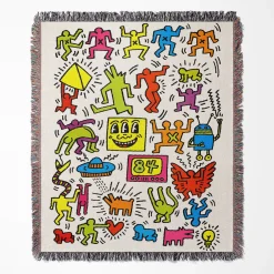 Dancing Figures & Symbols Keith Haring Art Woven Tapestry Throw Blanket