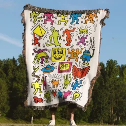 Dancing Figures & Symbols Keith Haring Art Woven Tapestry Throw Blanket keith haring 2 woven tapestry throw blanket 4