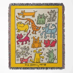 Colorful Dogs & Cats Keith Haring Art Woven Tapestry Throw Blanket
