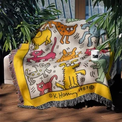 Colorful Dogs & Cats Keith Haring Art Woven Tapestry Throw Blanket keith haring 3 woven tapestry throw blanket 3