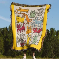 Colorful Dogs & Cats Keith Haring Art Woven Tapestry Throw Blanket keith haring 3 woven tapestry throw blanket 4